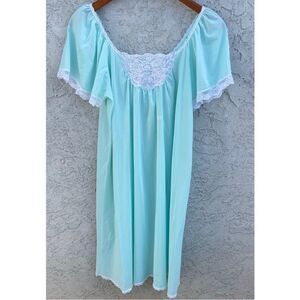 Vintage Satin Nightgown Lace Trim SZ SM Aqua Blu 70s Cottagecore Babydoll Midi